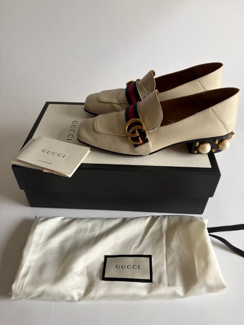 GUCCI PEYTON LEATHER PEARL HEELS MARMONT GG LOAFERS - Picture 5 of 11